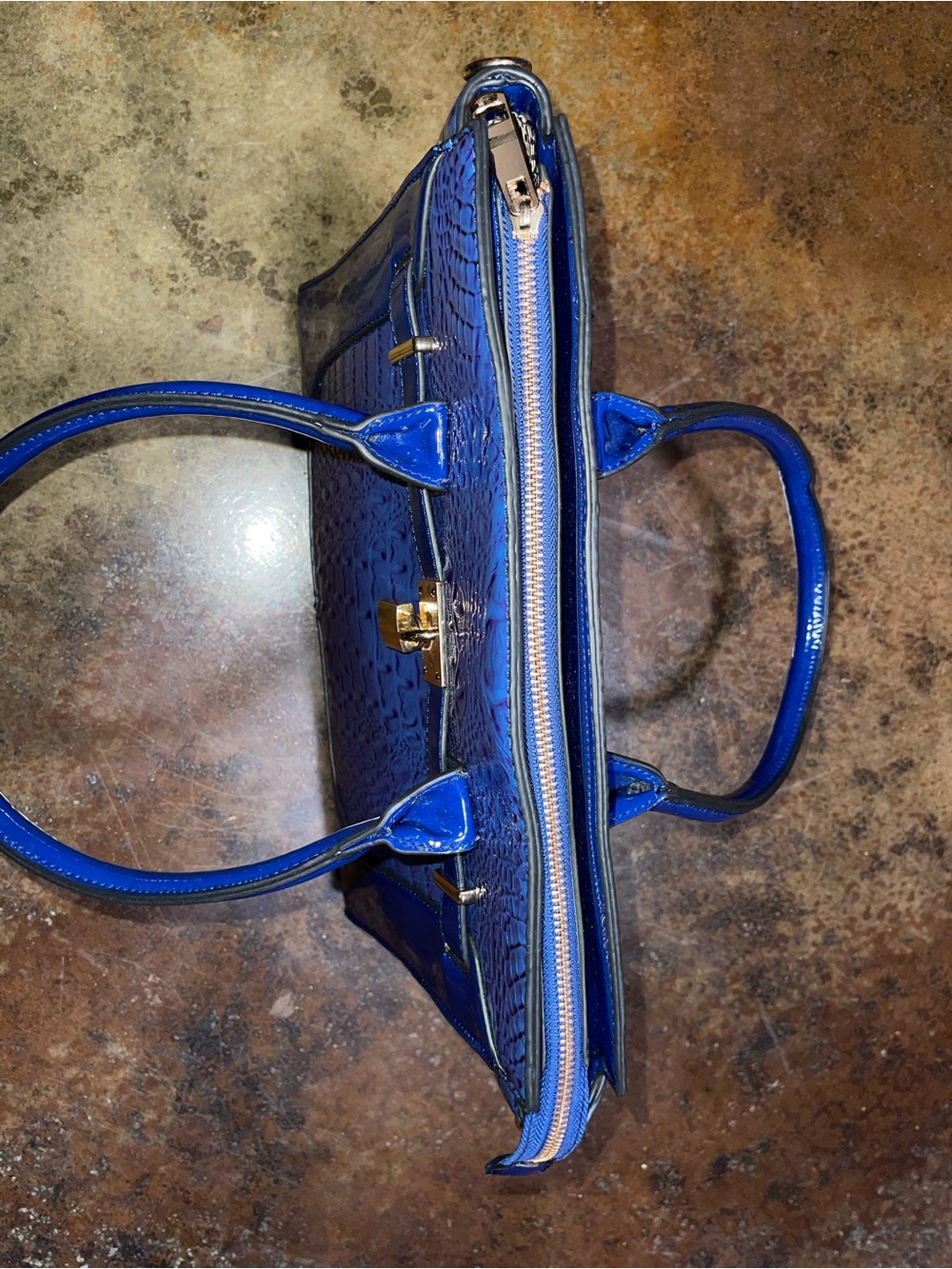 Blue Crocodile-Embossed Patent Tote Bag with Lock Accent - Picture 6 of 12